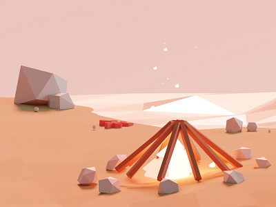 Campfire details 3d art aesthetic beach beige blender blender3d calm campfire concept concept design geometric isometric art light lighting lowpoly minimalist pink sea simple soft