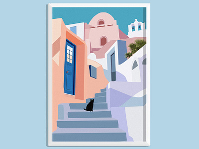 Santorini Cat Print architecture digital art graphic design illustration poster print print design santorini travel wall art