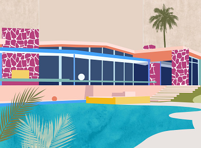 Poolside Palm Springs architecture design digital art graphic design illustration mid century palm springs poster print design wall art