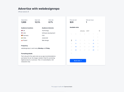 Sponsorstack - a platform for small newsletter advertising design frontend ui webdesign
