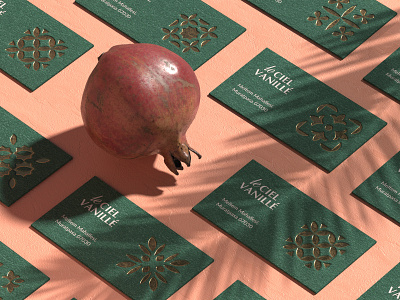 Le Ciel Vanille antalya branding business card cafe emboss embossing golden green identity isometric logo pomegranate restaurant shadow turkey