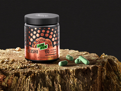 JaiFix branding health jar logo mushroom packaging pills reishi supplement