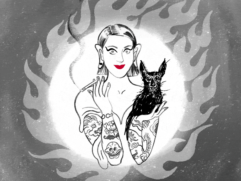 Marina and her dog Pepper after effects animation flames ink procreate tatto