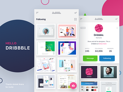 Hello Dribbble - Mobile app design concept android app design application debut dribbble app minimal mobile mobile app ui design ui ux user interface