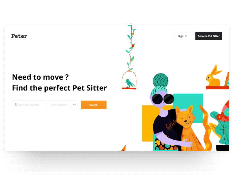 Landing Page for a Pet Sitter service bird cat dog illustration landing page loop motion pets petsitters rabbit ui web design