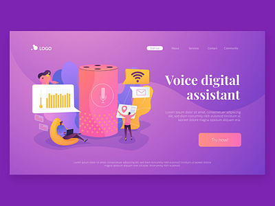 Wavy Landing pages. Voice Digital Assistant communication concept flat graphic design illustration landing page landing page design landingpage royaltyfree trendy ui ui elements uikits vector violet voice assistant