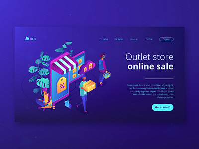 Isometric UV landing page. Outlet store communication concept concepts graphic design illustration isometric isometric art isometric design landing page landingpage marketing online shop sale trendy ui ui elements uikits ultraviolet vector violet