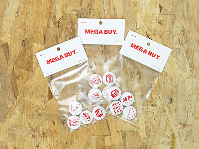 MEGA BUY™ Buttons badges bag toppers bags buttons design graphic mega buy packaging pins stack prints