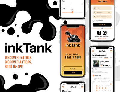 inkTank Tattoo App UI/UX Design bright ui colorful ui orange black ui tattoo tattoo app ui design ui ux ui ux design ux design visual design
