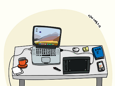 My desk desk illustration iphone macbook wacom