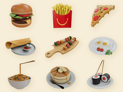 3D Food Icons 3d burger c4d food fries graphic design icons illustration noodles pan cake pizza sushi ui