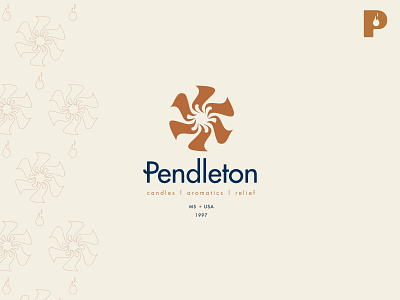 Pendleton Candles & Aromatics blue brand branding candle comfort design fire illustration logo mark p sun typography vector warmth