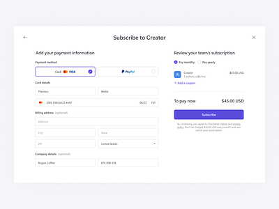 Checkout account billing card checkout coupon credit card pay payment paypal plans pricing product design subscribe subscription ui