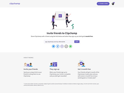 Clipchamp Referral Page clipchamp design desktop app invite product design referral ui video editing