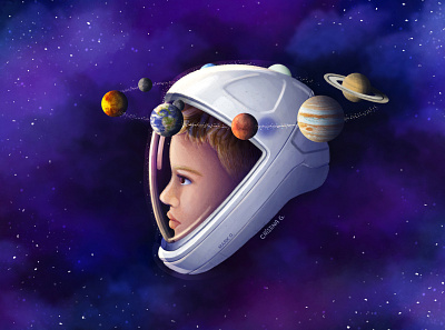 Daydreamer astronaut children cosmos cute daydream digital drawing digital painting dream gift illustration kids orbit planets portrait procreate space spacex special stars universe