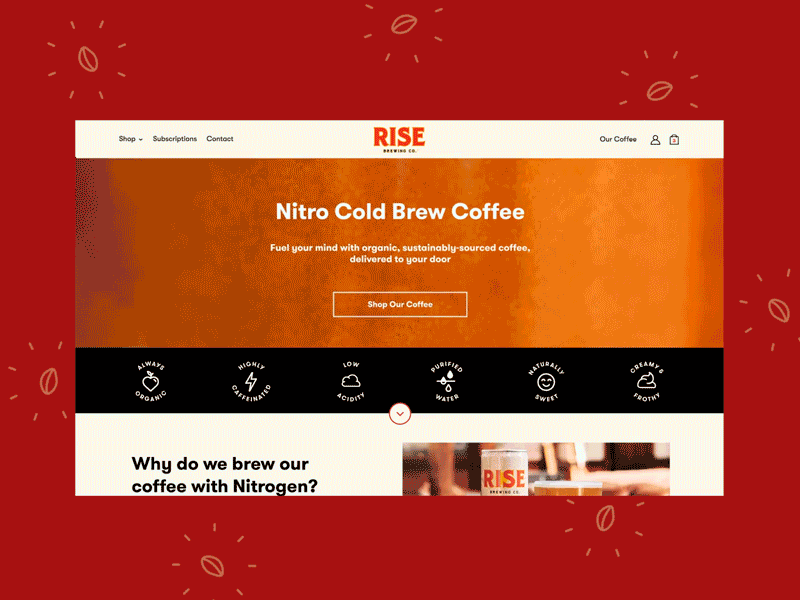 RISE Cold Brew Landing Page beverage branding coffee cold brew consumer goods creative direction design design direction e commerce e commerce design e commerce website landing page landing page design parallax parallax scrolling responsive shopify strategy ui uidesign