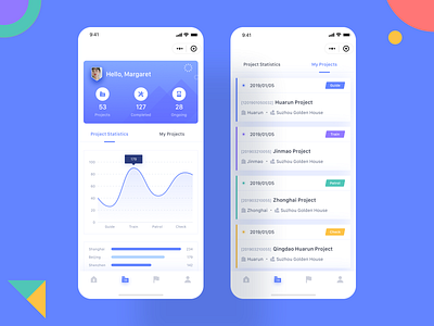 Project chart and project list app card design flat ui ux