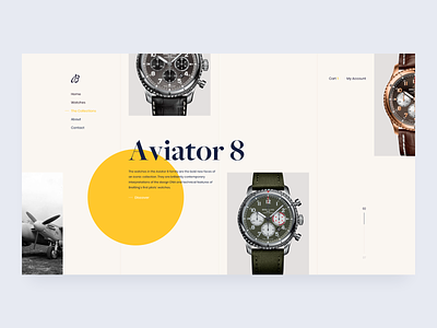 Redesign concept of a popular watch brand ecommerce experience gold grid hover interaction layout minimal navigation product serif shop slider ui ux watch watches website white yellow