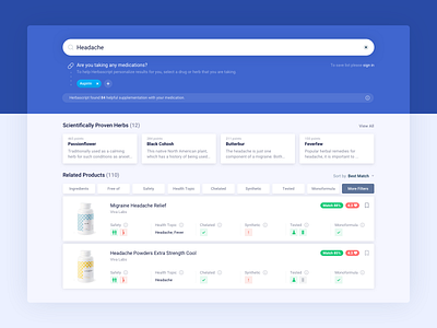 Herbascript Search Page blue cards clean dasboard design filters flat products results search ui ux white