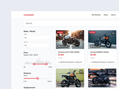 Motorcycle search cards clean design ecommerce featured filters location minimal minimalistic motorcycle search search bar search results searching sketch sliders ui ux white