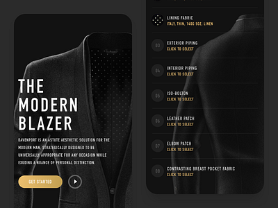 Davenport app black blazer clean customize dark fashion gold homepage iphone list minimal mobile pattern render responsive simple style ui ux