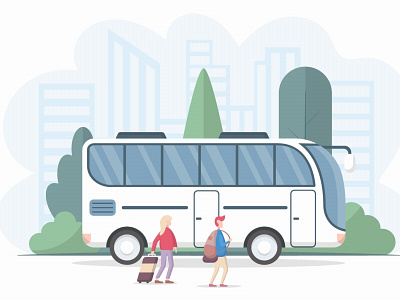 Tourists Man & Woman go to the Bus Vector Illustration