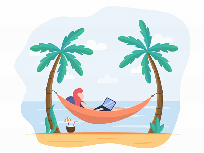 Girl on a Hammock at a Laptop Free Illustration beach design free freebie graphic design illustration