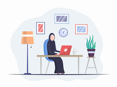 Muslim Business Woman in Working on Laptop Free Illustration