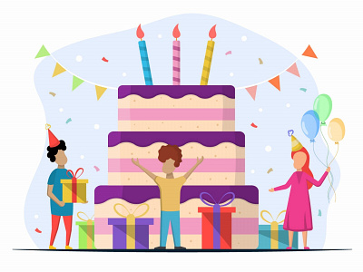 Children with Giant Cake and Candles Vector Illustration