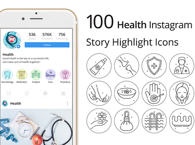 Health Instagram Story Highlight Icons graphics health icons illustration instagram stories typography vector