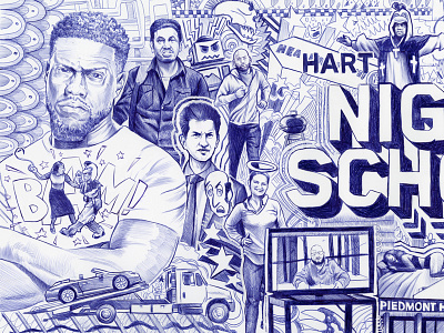 Night School 2 bic pen illustration jack c. gregory jack gregory kevin hart night school ooh out of home pen and ink posting promo