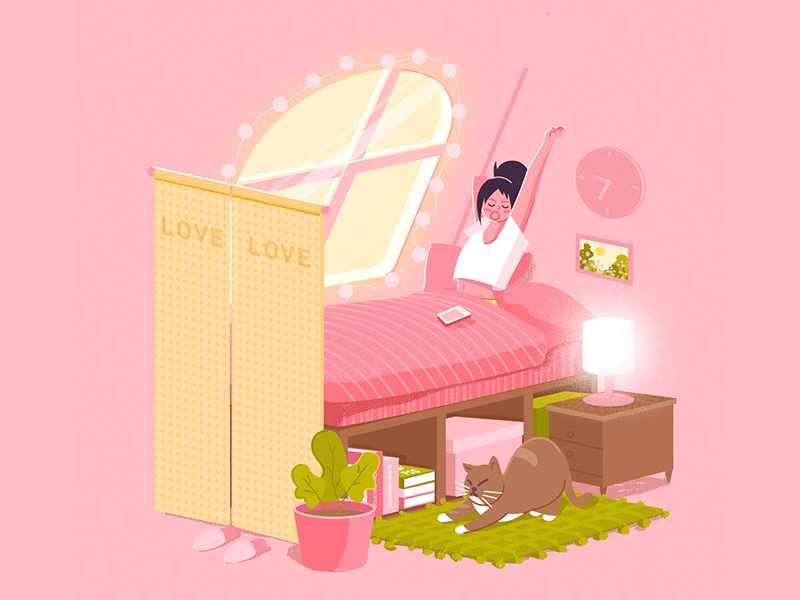 Getting up bedroom getting up girl illustration morning people pink