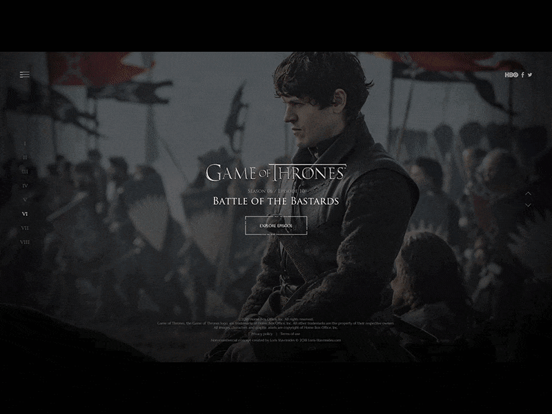 Episode Selection - Game of Thrones Viewer's Guide Experience animation dark experience full screen game of thrones got landing series slide tv ux vertical