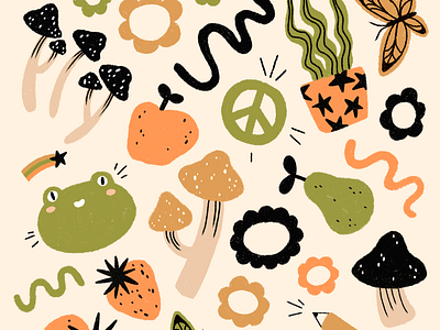 frogs, mushrooms, and fruits - pattern