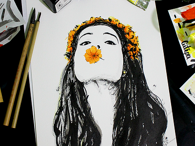 girl with flowers beautiful black and white blanco y negro chic girl ink