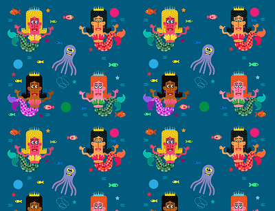 Goofy Mermaid Pattern - Gift Wrap and Fabric design digital fabric giftwrap humor humorous illustration joe rocco kids logo pattern whimsical