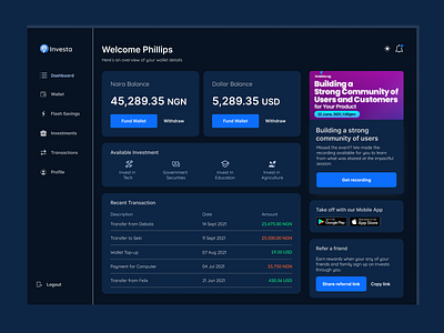 Investa NG Dashboard bicoin cryptocurrency dark mode dashboard figma fintech investment savings user experience user interface web3