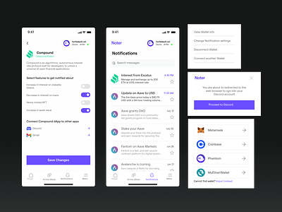 Noter - An Opt-in Notifications system for dApps bitcoin blockchain crypto design figma fintech messages nft notification token ui user experience wallet