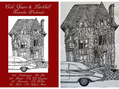 Larkhill & Cold Years Weekender Tour Poster adobe illustrator art band bands black white car classic car design digital dilapidated house drawing fine lines fine lines house illustration monochrome music poster sketch tour