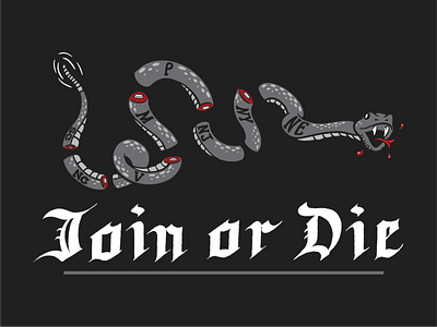 Join Or Die american apparel design blackletter branding design graphic tee illustration join or die online store patriotic rattlesnake revolutionary snake tee design typography