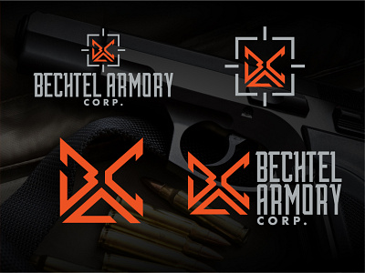 Bechtel Armory Corp. Branding Pack black branding firearms guns lettering logo logo design masculine orange retail sporting goods sports symmetry typography