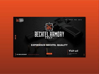 Bechtel Armory Corp Landing Page Mock Up black branding dark design firearms guns landing page logo masculine mockup orange retail sports typography ui ux web web design