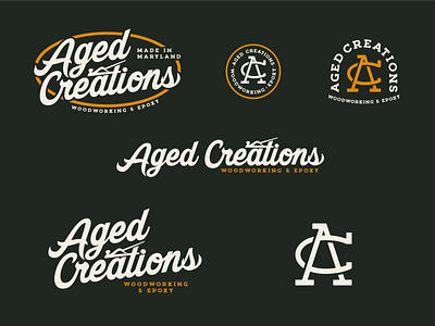 Aged Creations - Logo Pack branding design epoxy forest green lettering logo lumber monogram script serif slab vector vintage wood woodworking