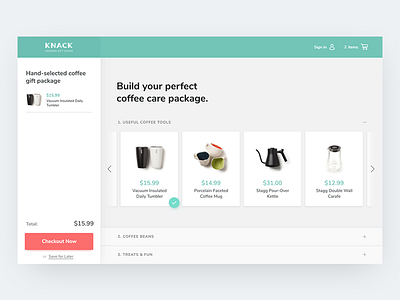 Gift Builder accordion care package cart checkout coffee expand gifts minimize scroll shop ui