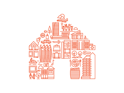 House building city house icon illustration line orange people tree vector