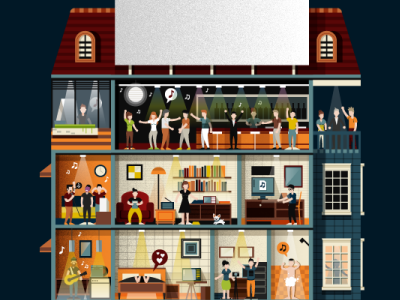 Full house blue cover draw house icon illustration indonesia jakarta magazine music people radio sound vector