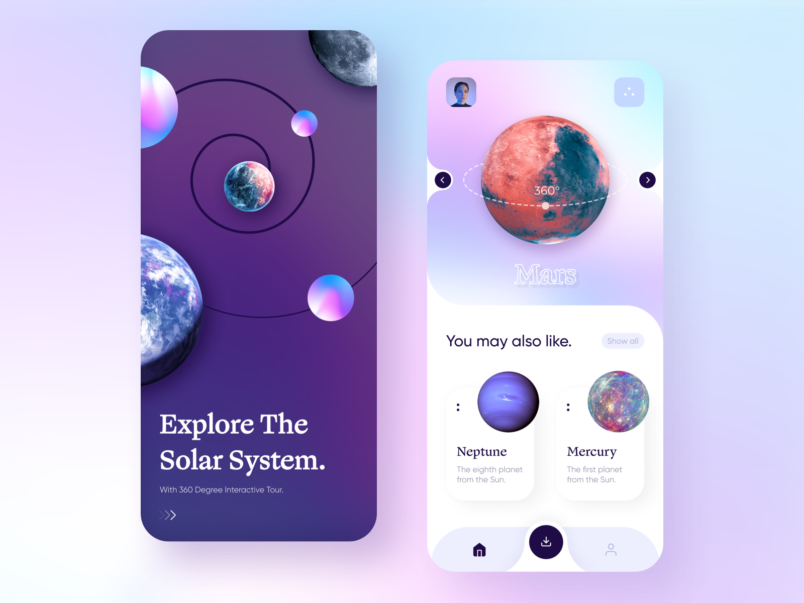 Solar System 360° Panorama App 360 view panorama mars earth nasa planet solar system space cosmos photo gradient app concept colors minimal ux ui design