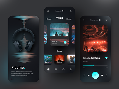 Playme Podcasts App app clean concept dark ui design gradient music onboarding photo player podcast song ui ux