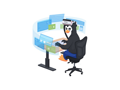 Hacker Penguin VR cartoon coding design hacker illustration jeans mascot penguin ui vector vr workstation