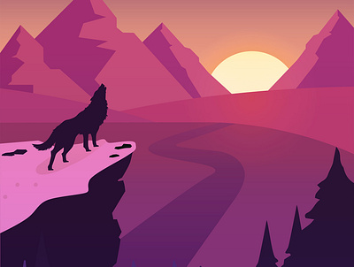 Sunset Landscapes design digital editorial editorial art editorial design editorial illustration illustration illustrator mountains photoshop pink pink and blue pinky print road sun texturing trees twilight zone wolf